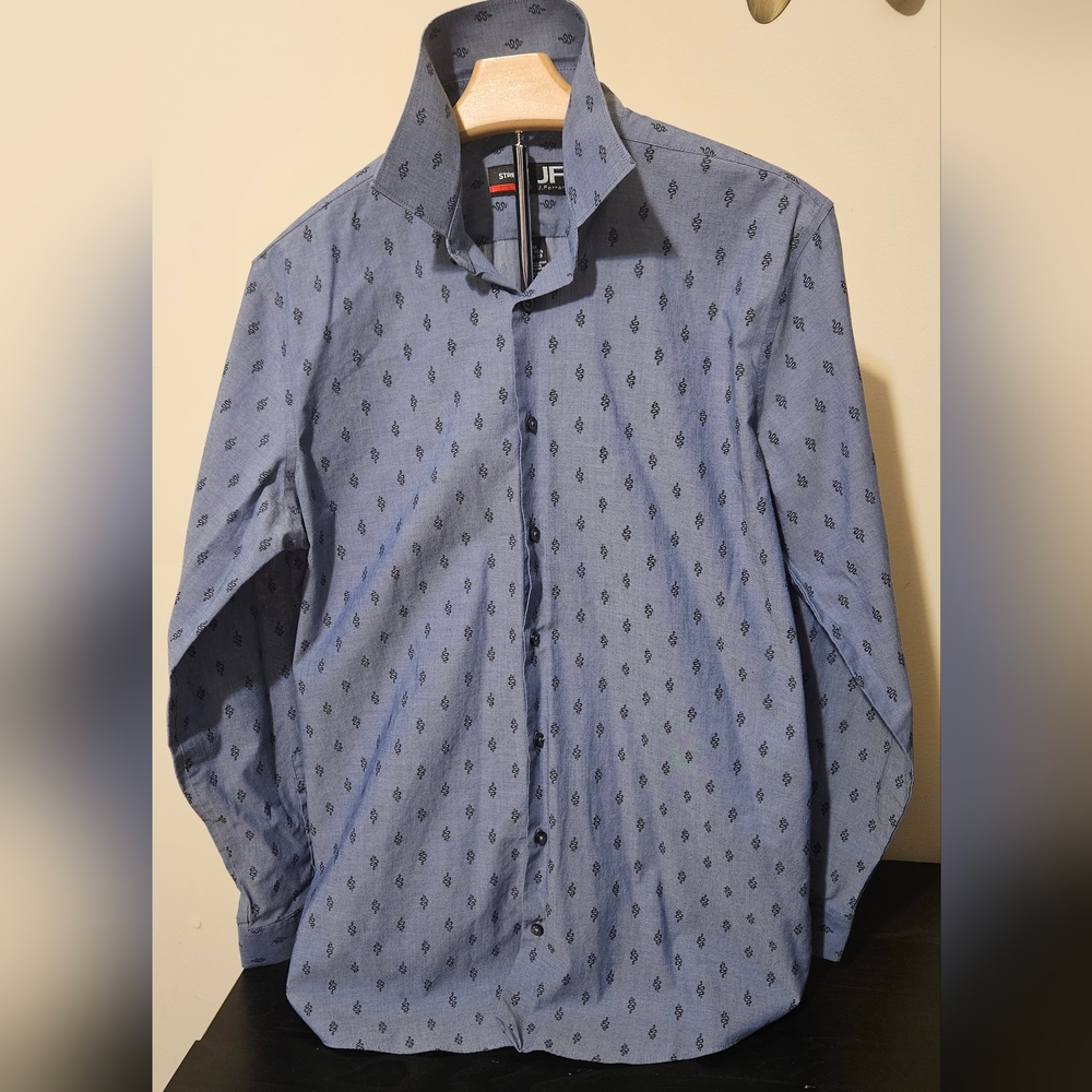 Blue Patterned JF J.Ferrar Men's Shirt Size M Stretch Button Down Dress Shirt
